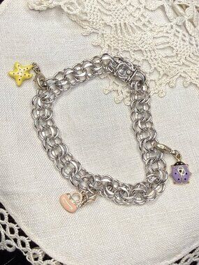 Vtg. American Sterling Double Link Charm Bracelet with 3 Charms Safety Chain